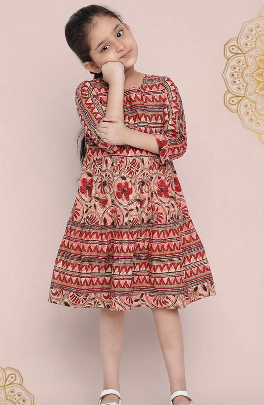 Girls Pink Ethnic Print Pure Cotton Fit & Flare Dress