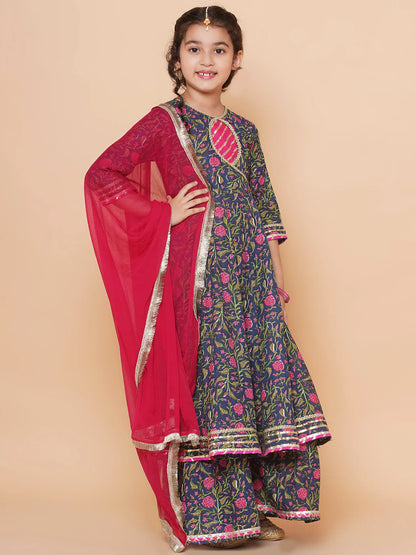 Girls Blue Floral Printed Angrakha Gotta Patti Kurta Sharara set With Dupatta