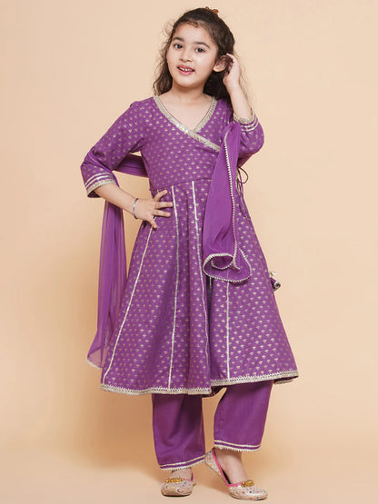 Girls Purple Ethnic Motifs foil Printed Angrakha Kurta with Trouser & Dupatta