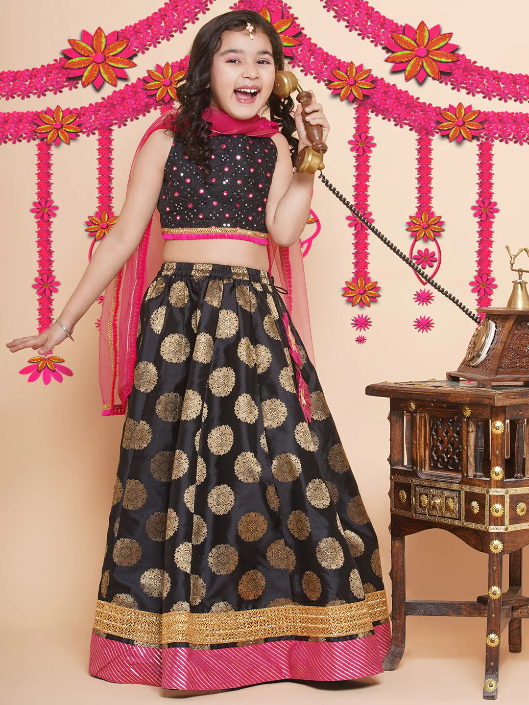 Girls Black & Gold-Toned Embroidered Ready To Wear Lehenga & Blouse With Dupatta