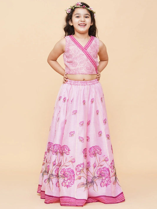 Girls Pink & Lavender Printed Ready to Wear Lehenga with Blouse