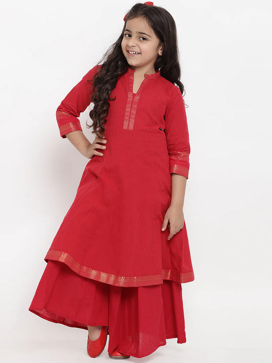 Girls Red Pure Cotton Kurti with Palazzos