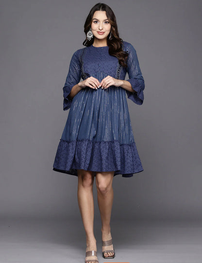 Blue Striped A-Line Ethnic Dress