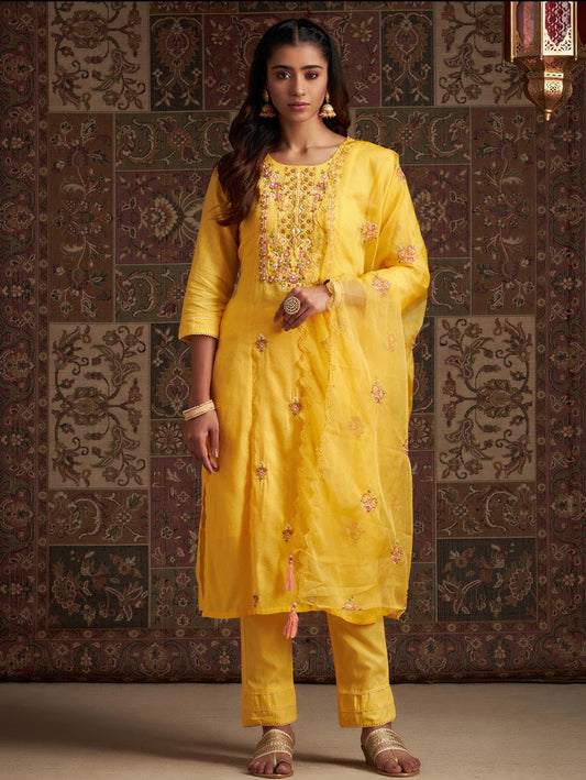 Mustard Embroidered Straight Kurta Trousers With Dupatta Set