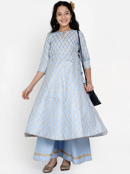 Girls Blue Printed Regular Kurta With Palazzos