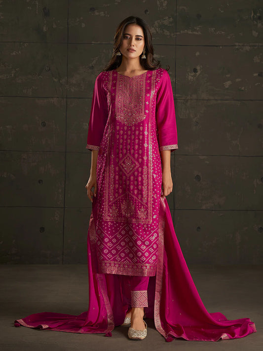 PINK JACQUARD ETHNIC MOTIFS STRAIGHT KURTA SET