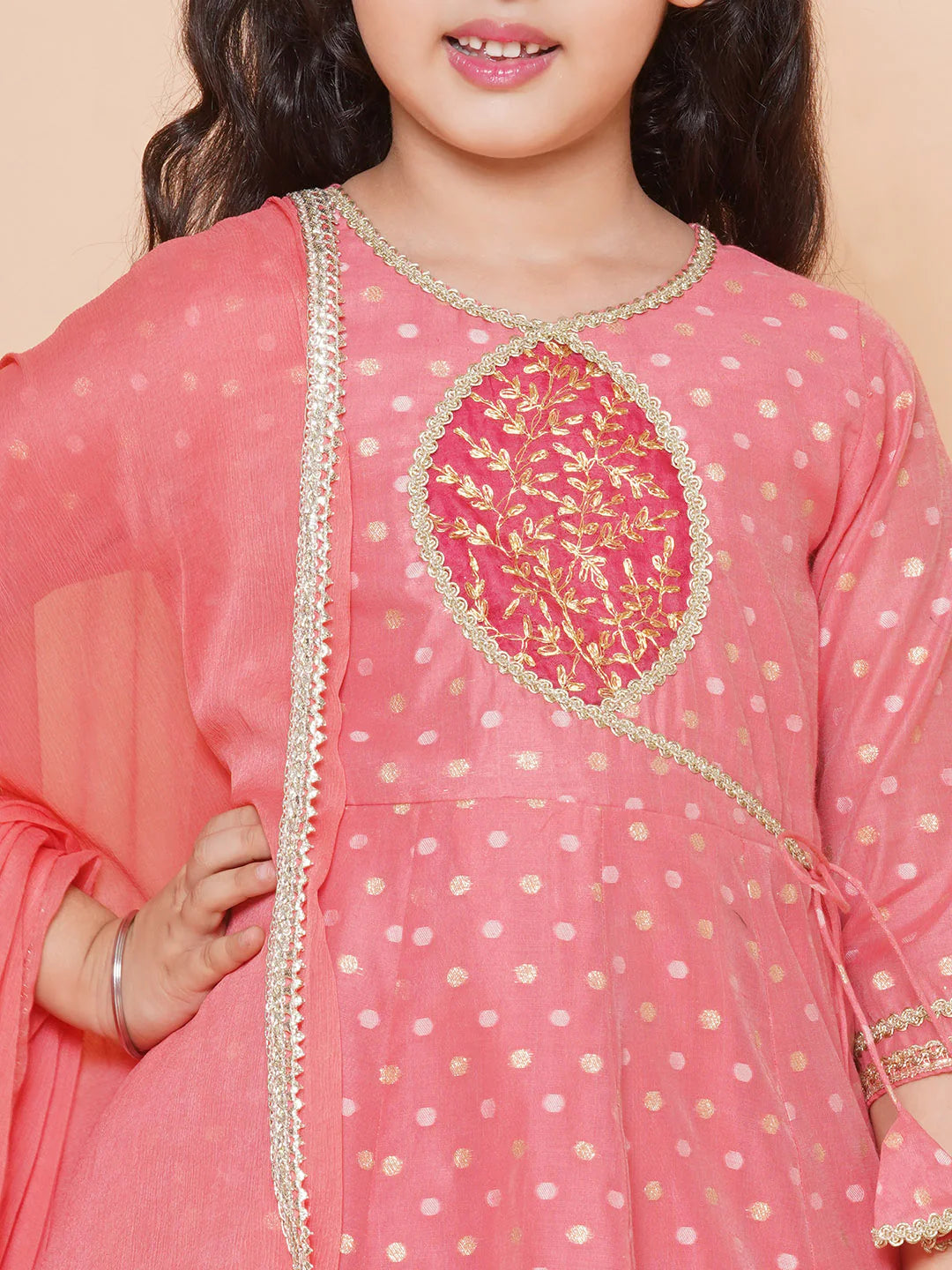 Girls Peach Self design Booti Angrakha Gotta Patti Kurta & with Trouser & Dupatta