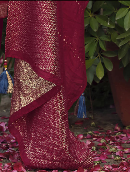 Burgundy Embroidered Straight Kurta Trousers With Dupatta Set