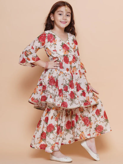 Girls Off white red Printed Angrakha Kurta with Sharara