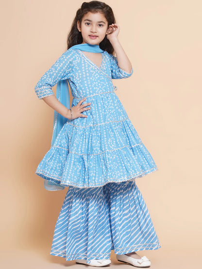 Girls blue Bandhani Printed Angrakha Gotta Patti Kurta With Sharara With Dupatta