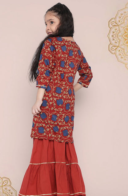 Girls Floral Printed Regular Gotta Patti Kurta With Sharara & Dupatta