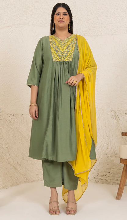 Olive Chinnon Yoke Embroidery Panelled Kurta Set