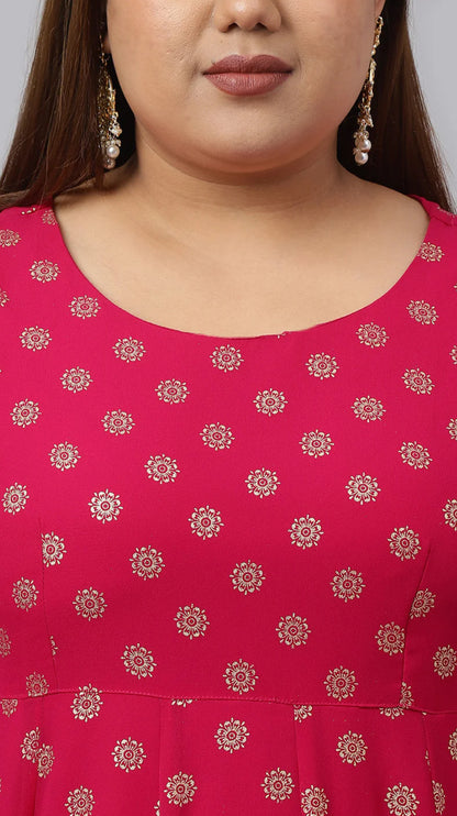 Bright Pink Georgette Foil Print Kurta with Dupatta