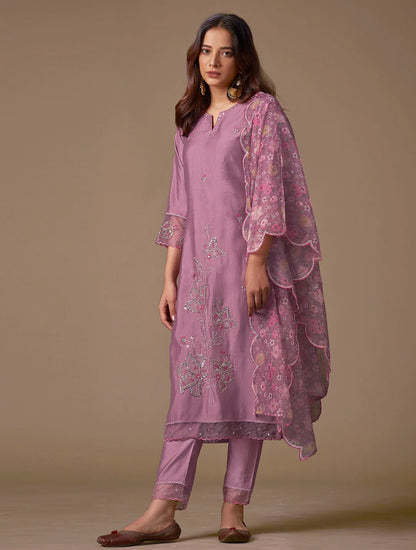 Lavender Embroidered Straight Kurta Trousers With Dupatta Set