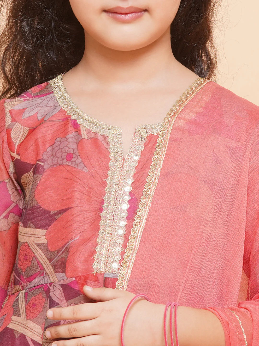 Girls Peach Floral Printed Kurta with Pant & Dupatta