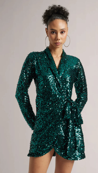 Green Poly Elastane Sequined Wrap Dress