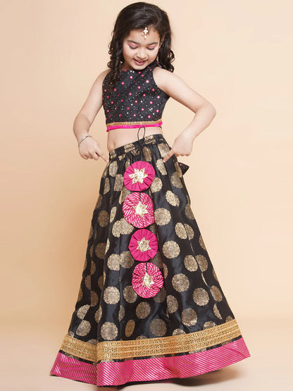 Girls Black & Gold-Toned Embroidered Ready To Wear Lehenga & Blouse With Dupatta