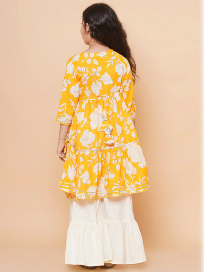 Girls Yellow Floral Printed Angrakha Gotta Patti Kurta With Sharara