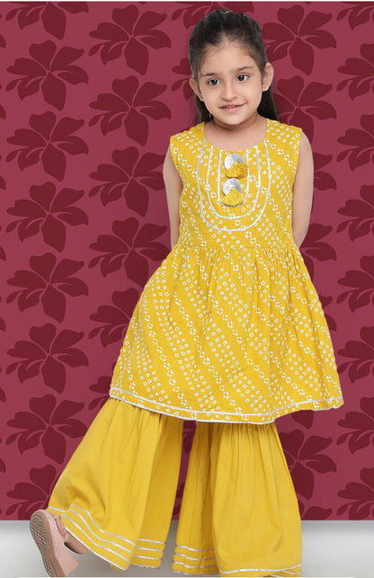 Girls Yellow Bandhani Printed A-Line Kurta with Sharara