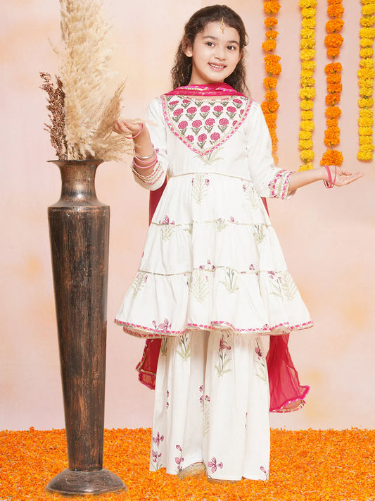 Girls Off-white Pink Printed Round- Neck Kurta with Sharara with Dupatta