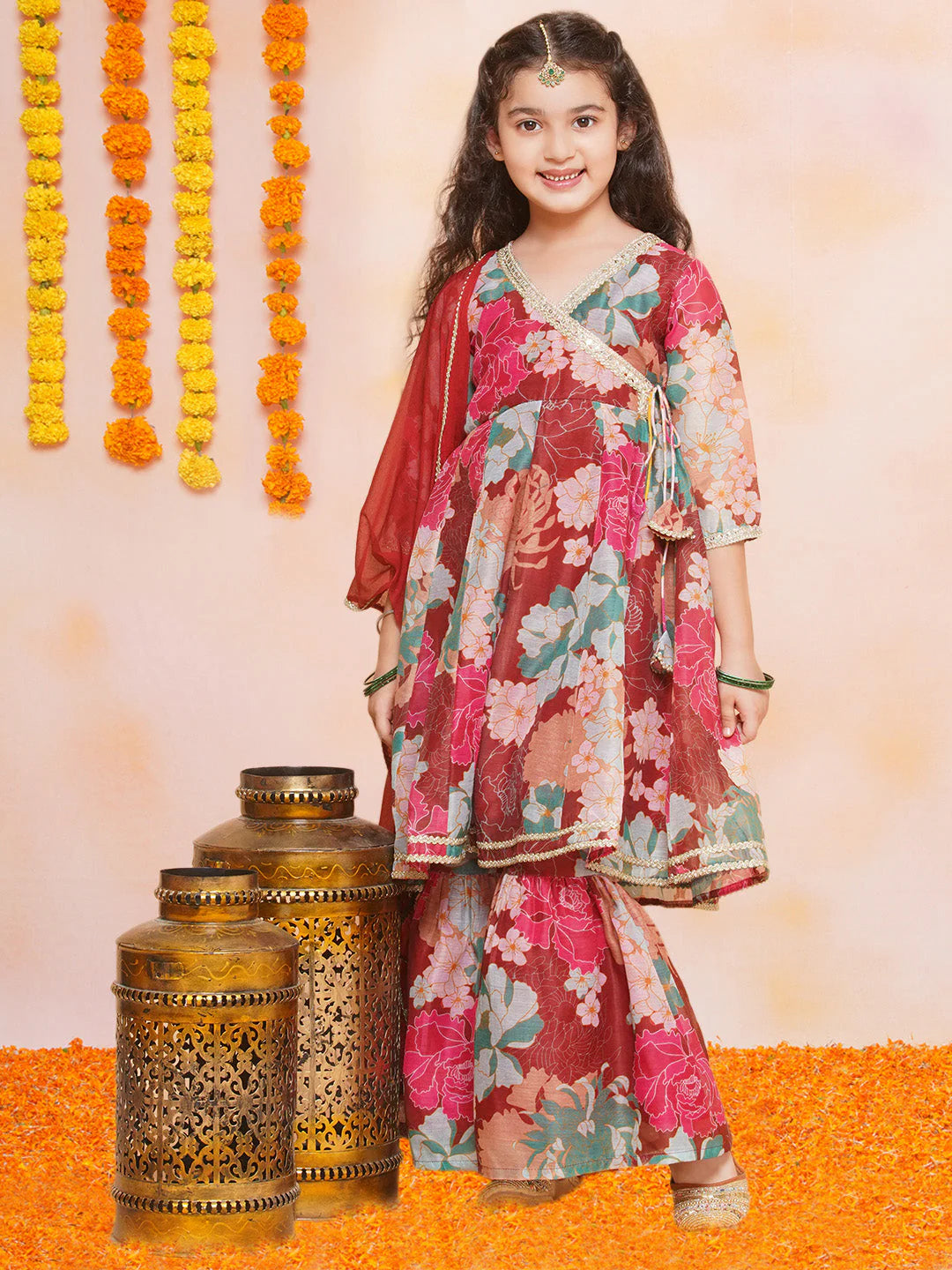 Girls Maroon Multi Printed Angrakha Kurta with Sharara & Dupatta