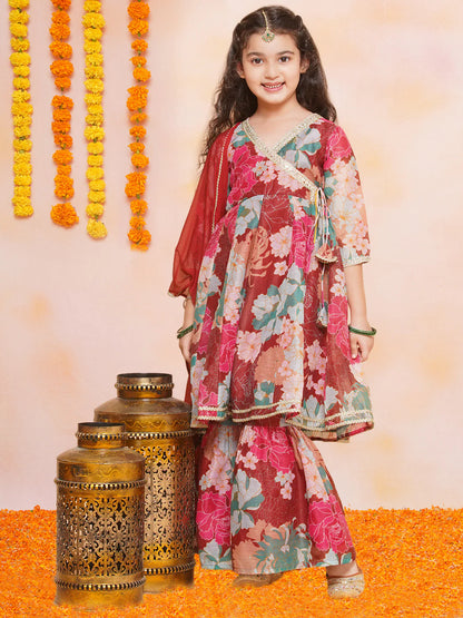 Girls Maroon Multi Printed Angrakha Kurta with Sharara & Dupatta