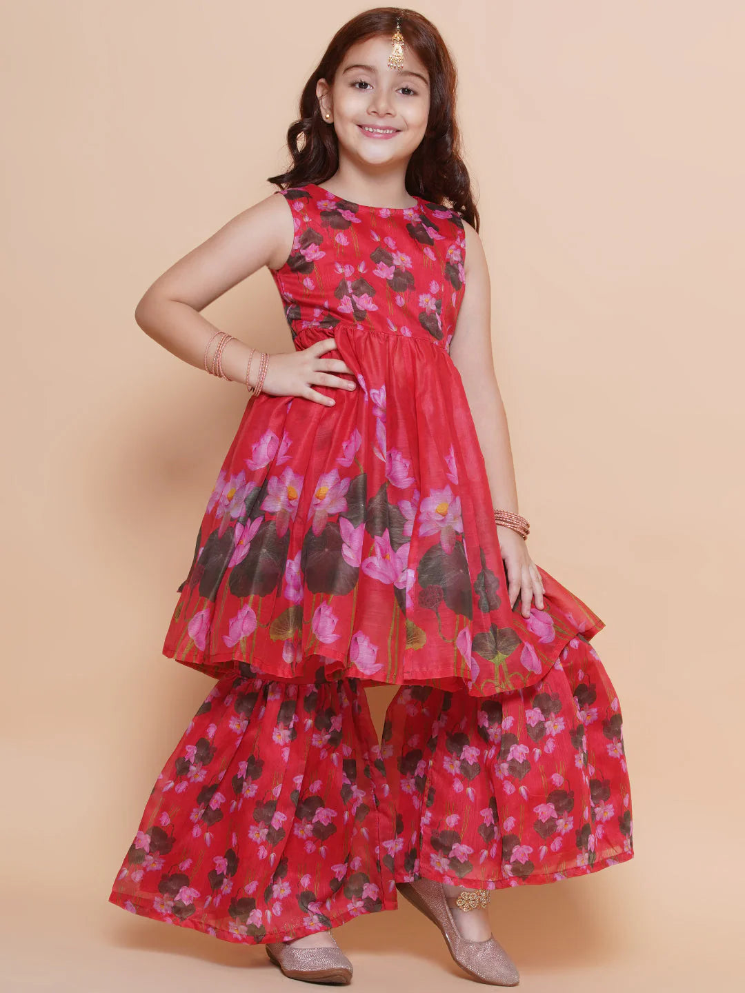 Girls Red Floral Printed Kurta With Sharara