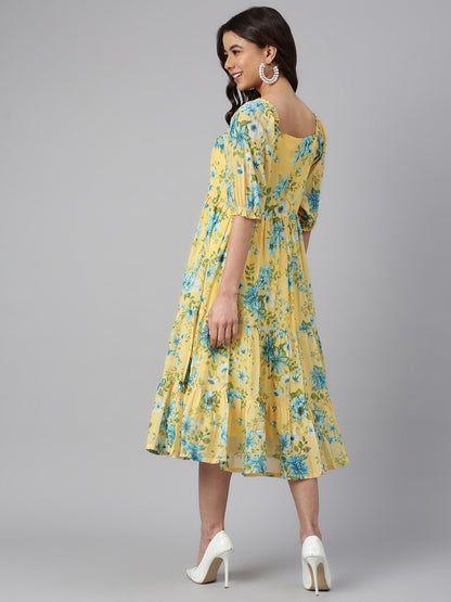 Women's Yellow Georgette Floral Print Flared Dress