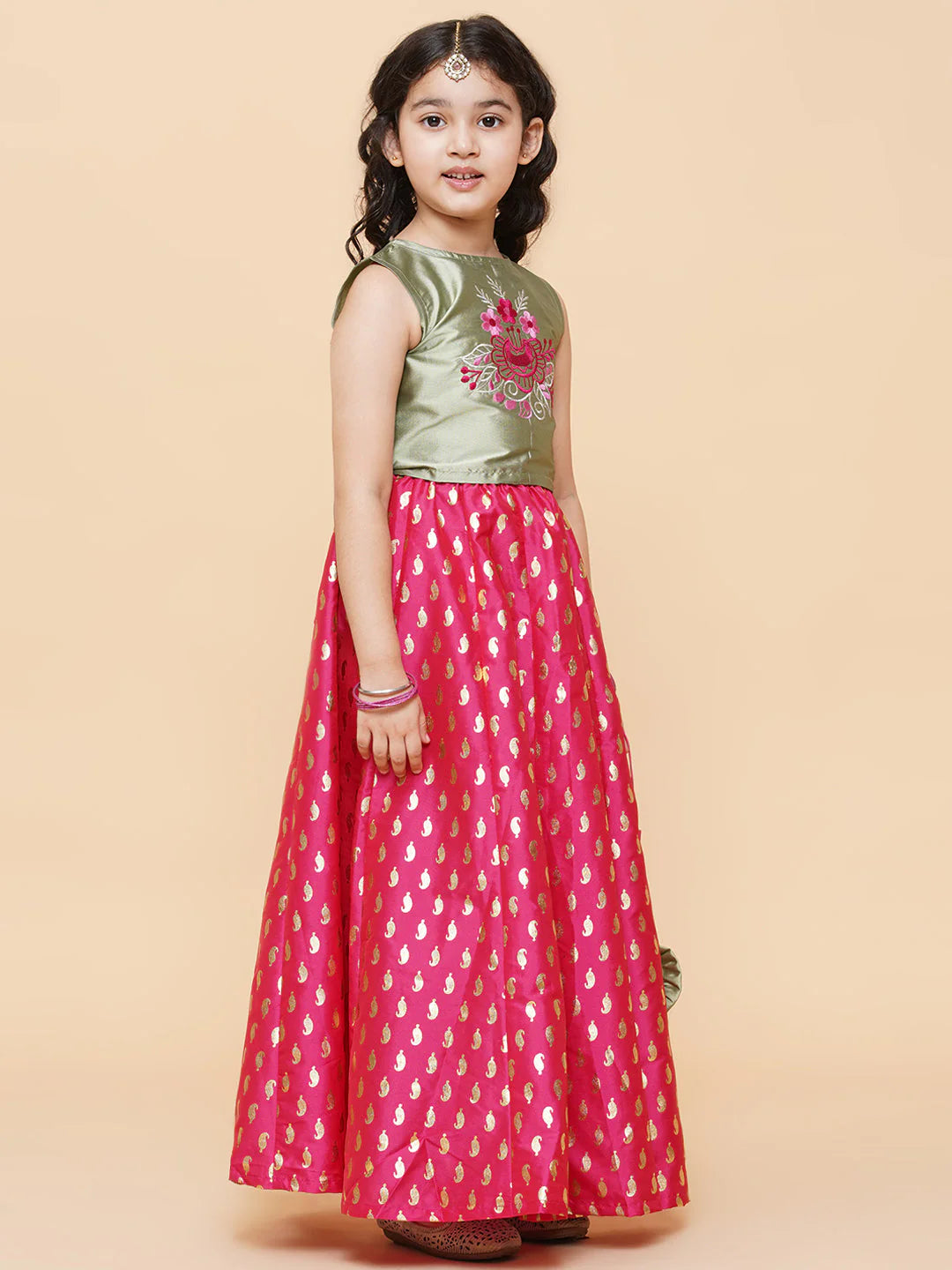 Girls Green & Pink Embroidered Foil Print Ready to Wear Lehenga Choli