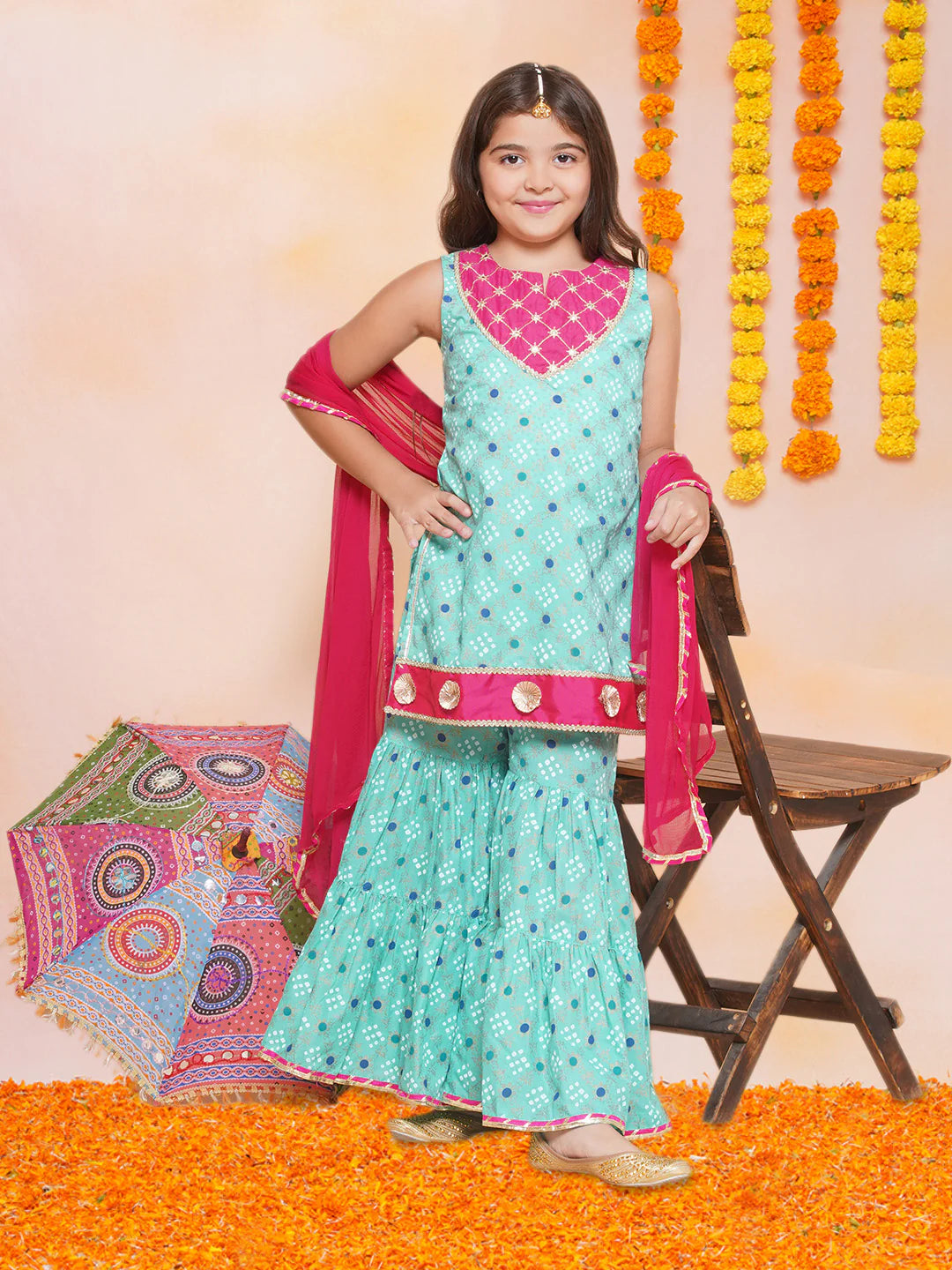 Girls Sea Green Gold Printed Kurta & Sharara With Dupatta