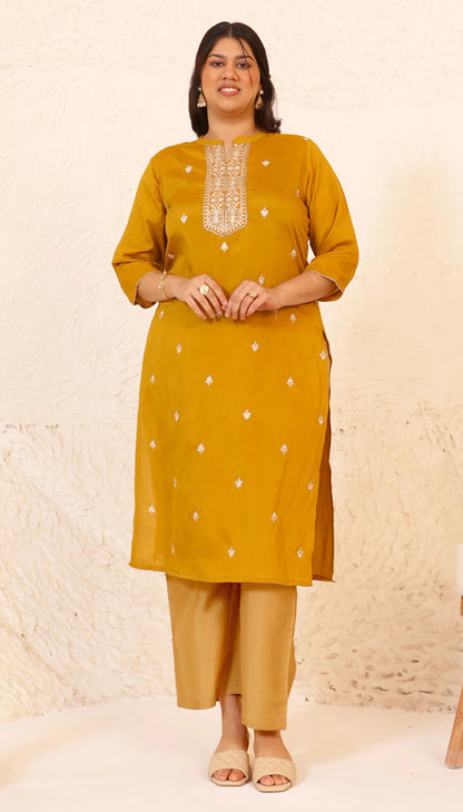 Plus Size Mustard Crepe Silk Embroidered Straight kurta