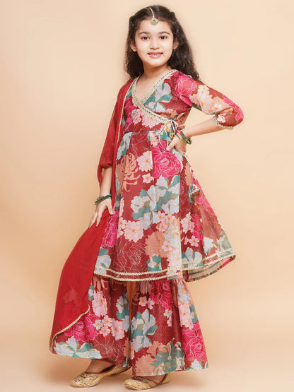 Girls Maroon Multi Printed Angrakha Kurta with Sharara & Dupatta