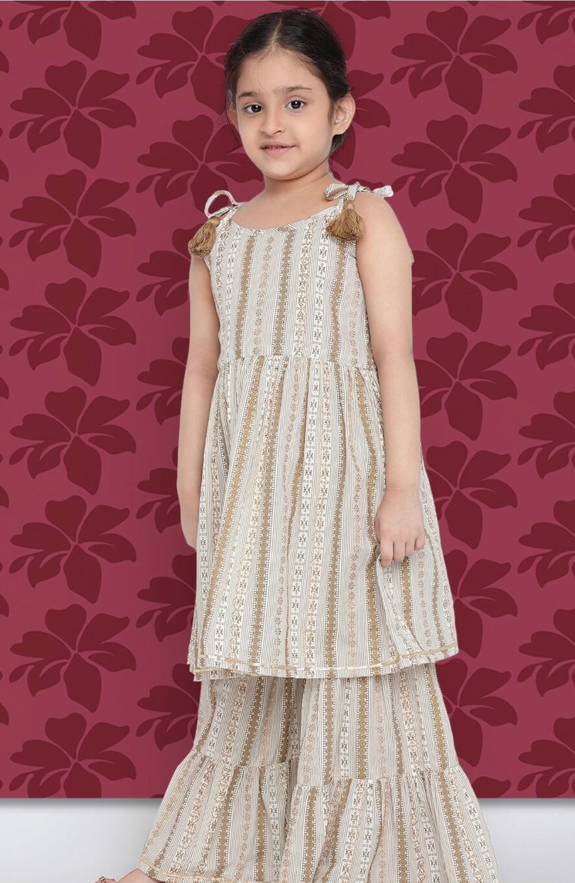 Girls Beige Striped Regular Kurta With Sharara