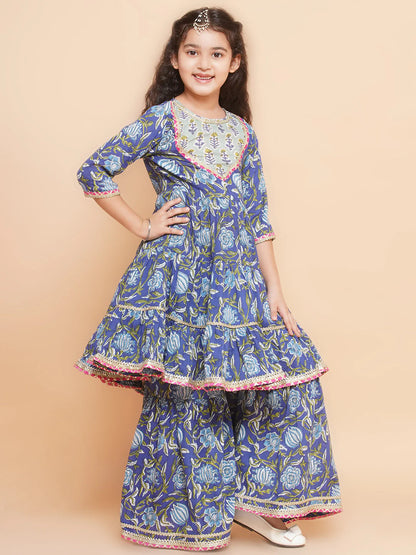 Girls Blue Floral Printed Round- Neck Kurta with Sharara with Dupatta