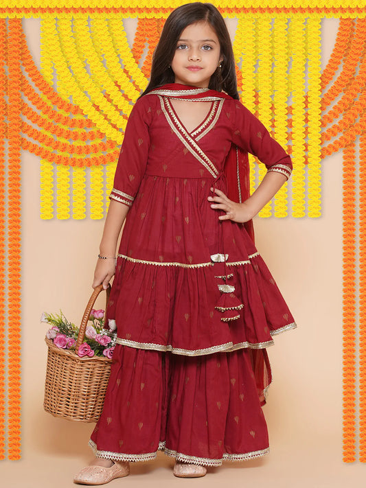 Girls Maroon Ethnic Motifs Printed Angrakha Gotta Patti Kurta Sharara & Dupatta