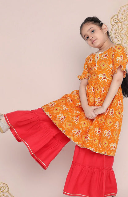 Girls Yellow Ethnic Motifs Printed Empire Gotta Patti Kurta With Sharara