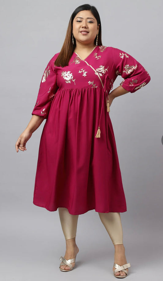 Magenta Poly Crepe Foil Floral Print Angrakha Kurta