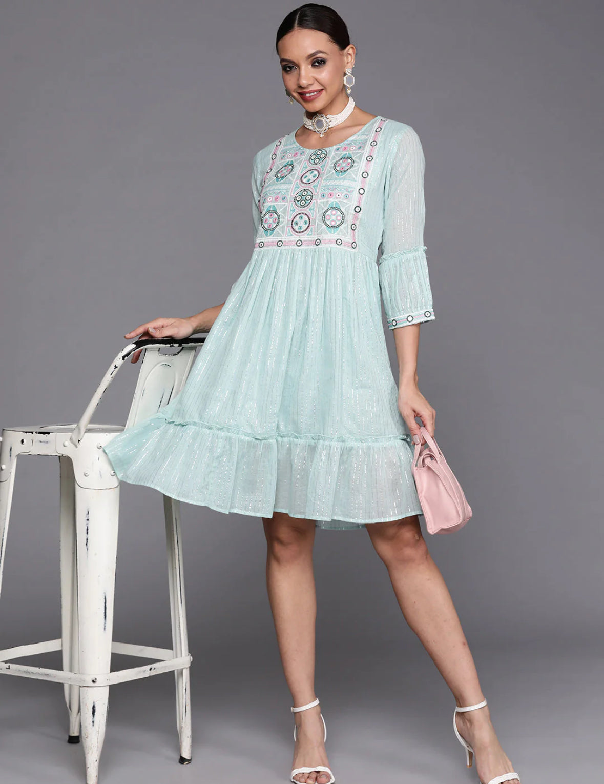 Blue Embroidered A-line Dress