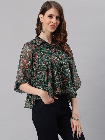 Green Poly Georgette Floral Print Regular Top