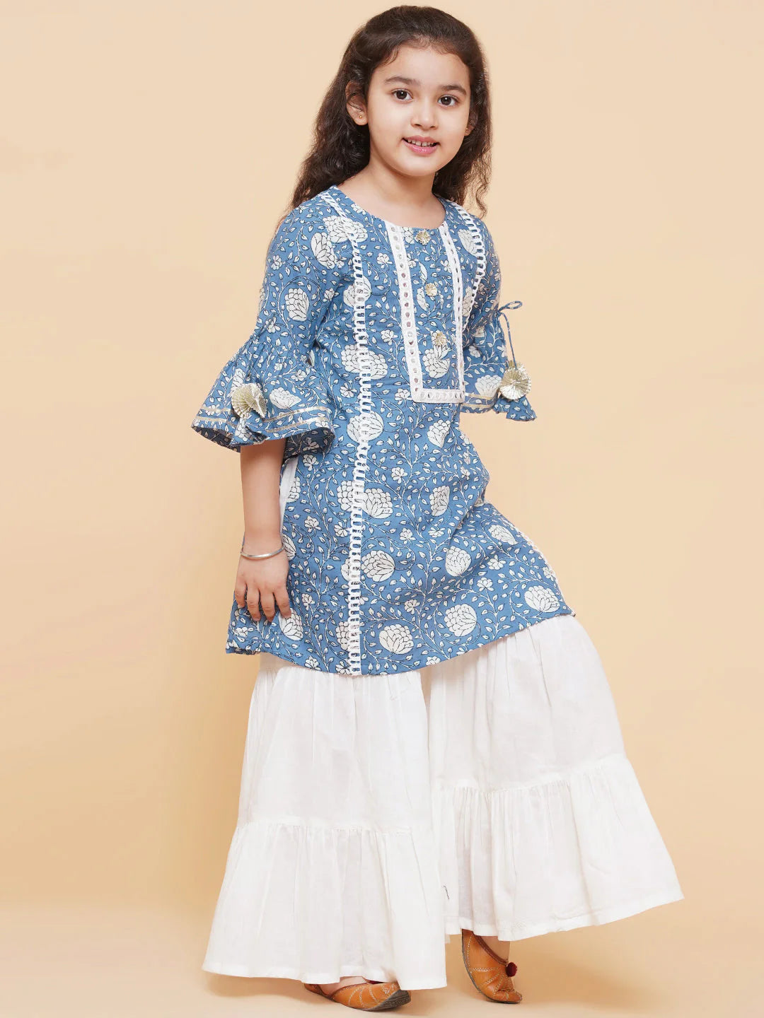 Girls Blue Coloured Printed Kurta With Sharara