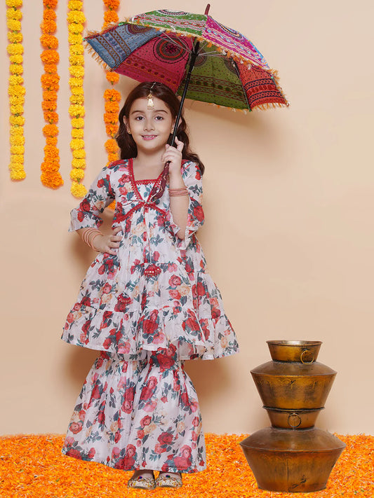 Girls Red Rose Printed Kurta with Sharara