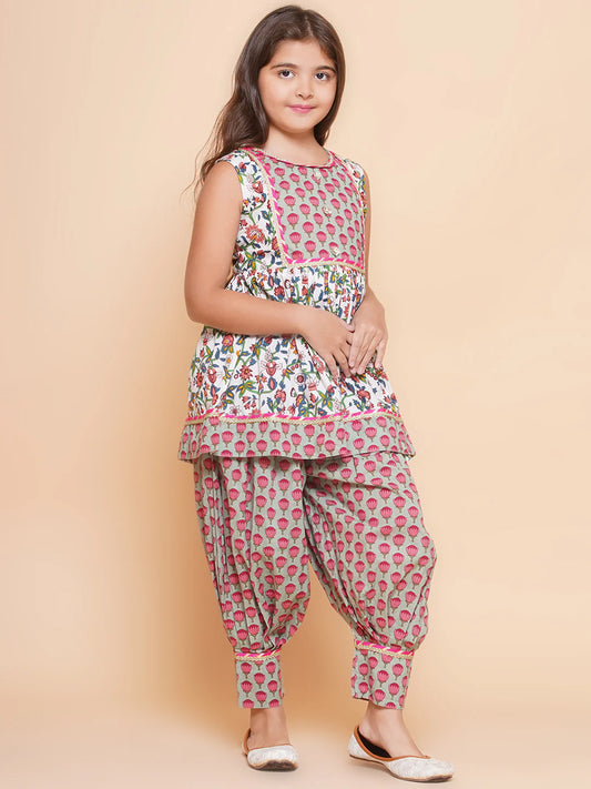 Girls Off white Printed Short Kurta with Afgani Salwar.