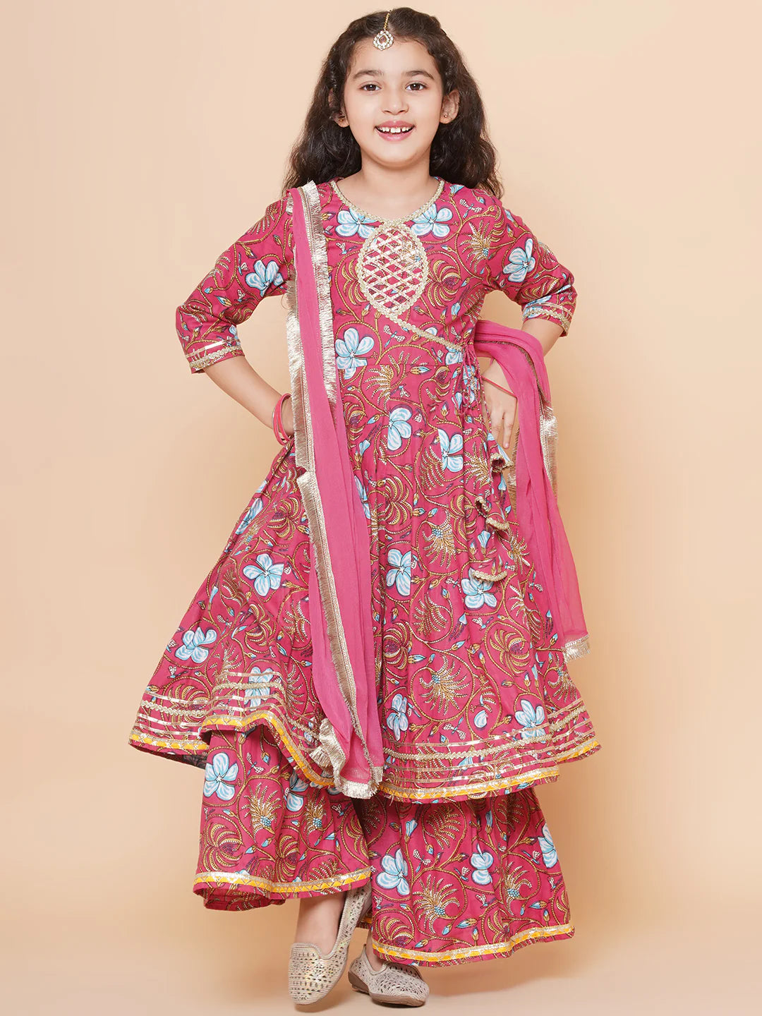 Girls Peach Floral Printed Angrakha Gotta Patti Kurta & Sharara set With Dupatta