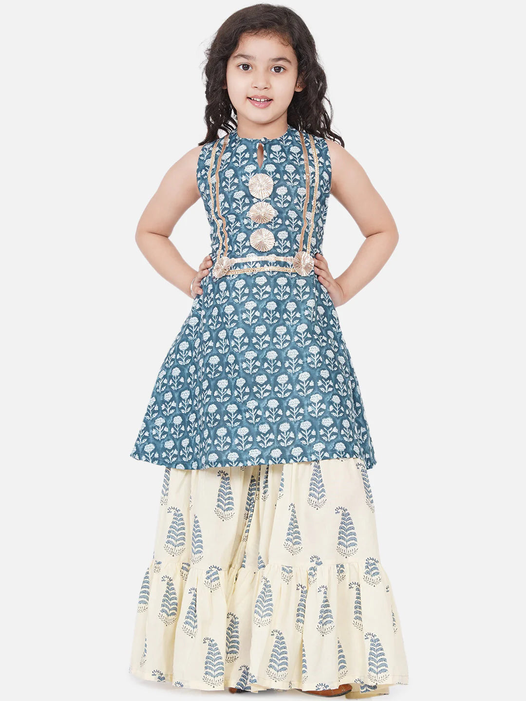 Girls Blue-Printed Kurta With Sharara