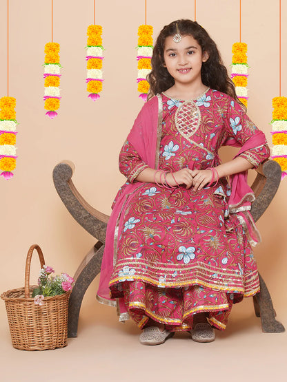 Girls Peach Floral Printed Angrakha Gotta Patti Kurta & Sharara set With Dupatta