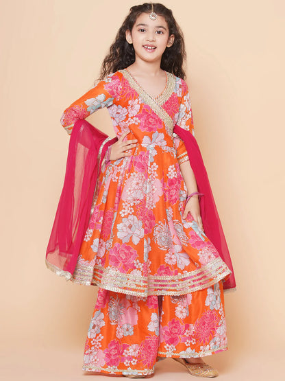 Girls Orange Multi Floral Printed Angrakha Gotta Patti Kurta & Sharara With Dupatta