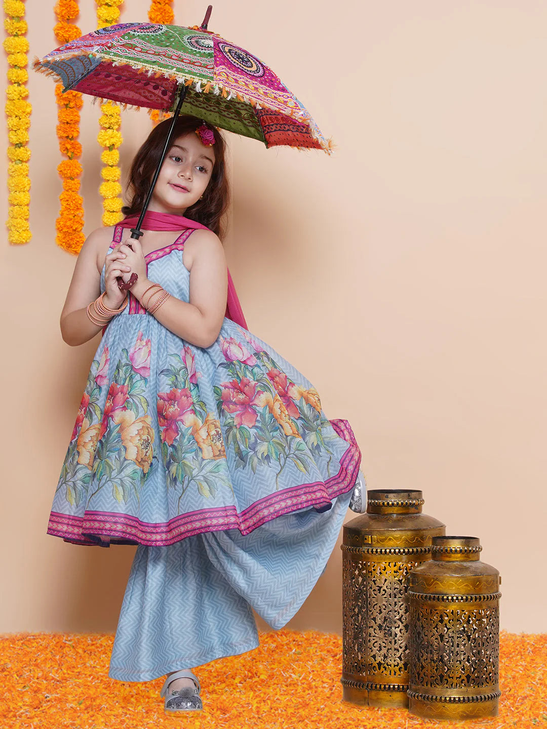 Girls Blue Floral Printed Kurta With Sharara with Dupatta