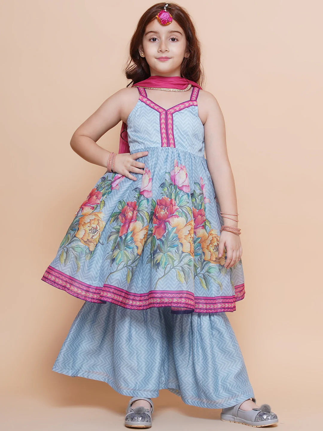 Girls Blue Floral Printed Kurta With Sharara with Dupatta