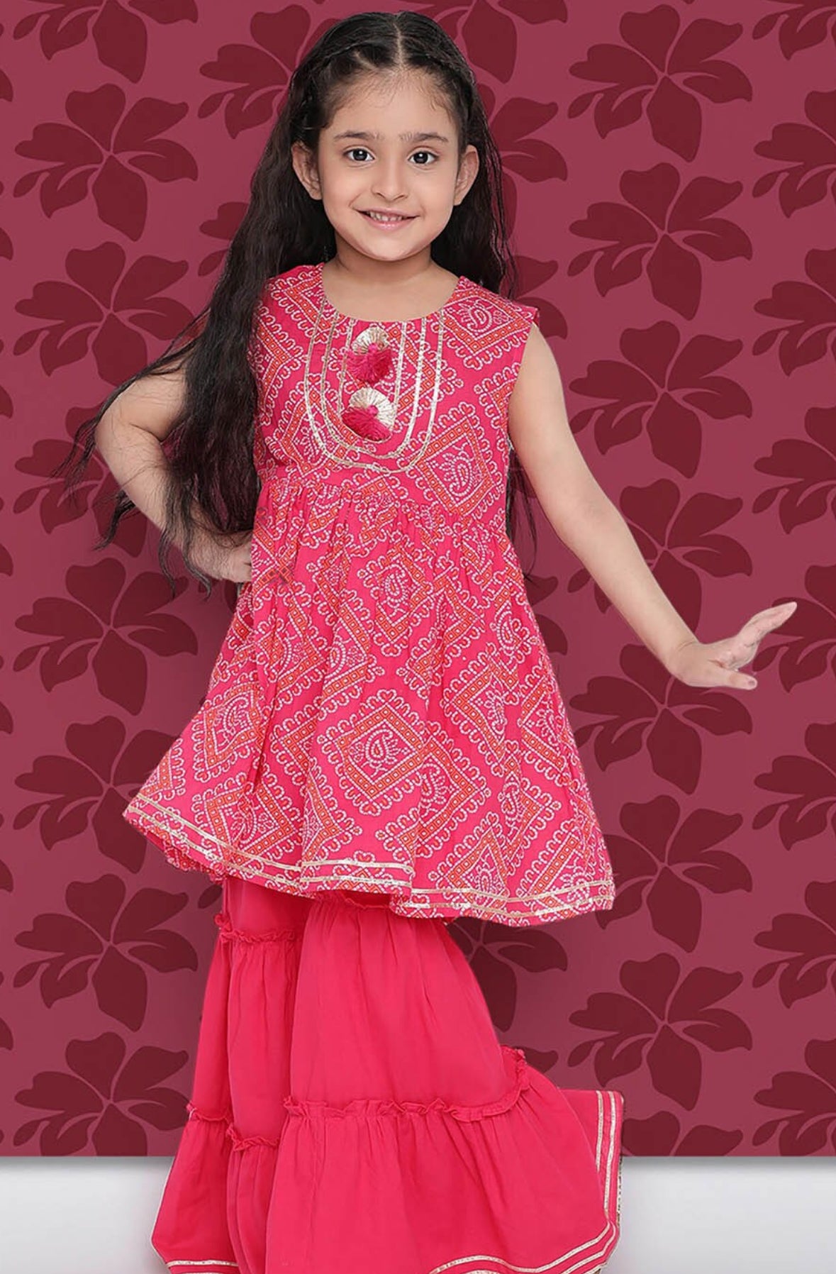 Girls Bandhani Printed A-Line Regular Gotta Patti Kurta With Sharara & Dupatta