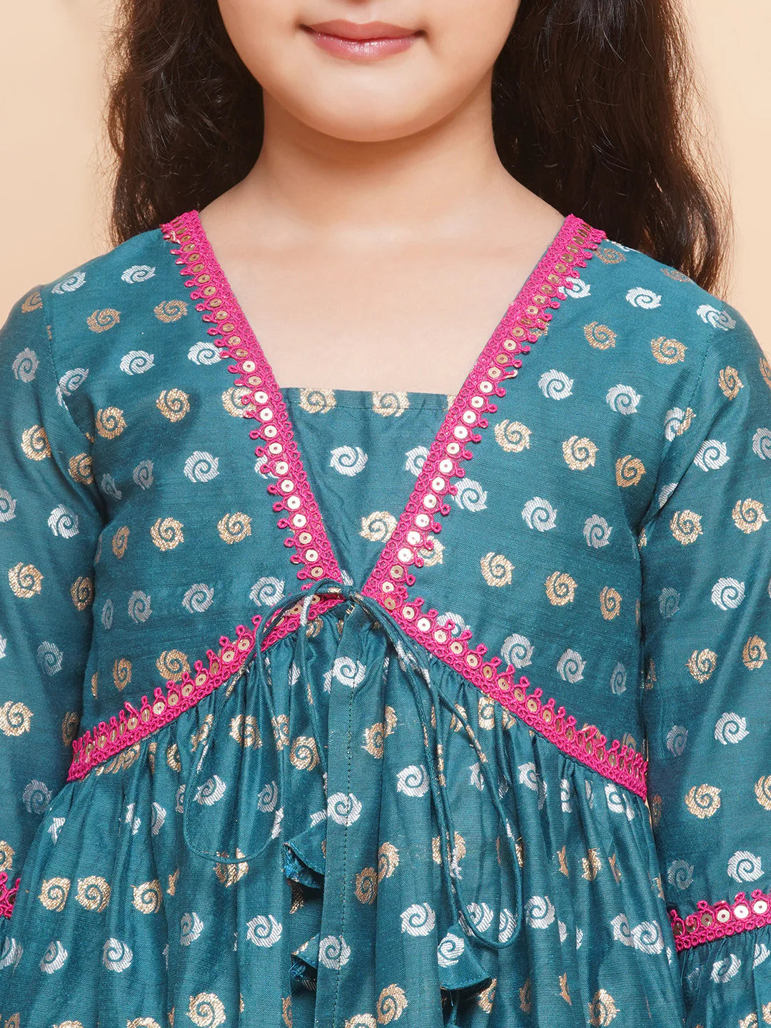 Girls Teal Blue Printed V-Neck Kurta with Sharara